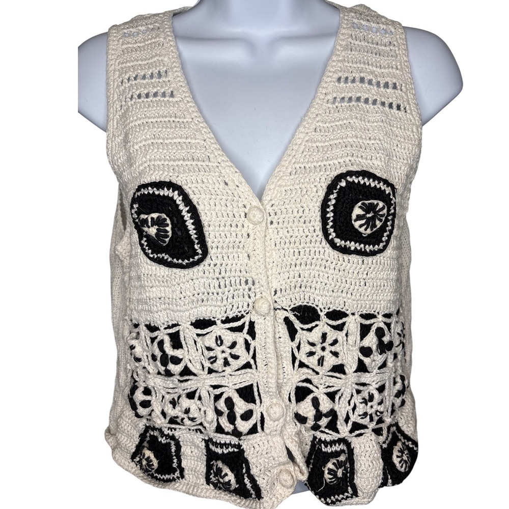 Womens Cream Black Crochet Vest Sz S Handmade‎ Look Boho Granny Square Festival